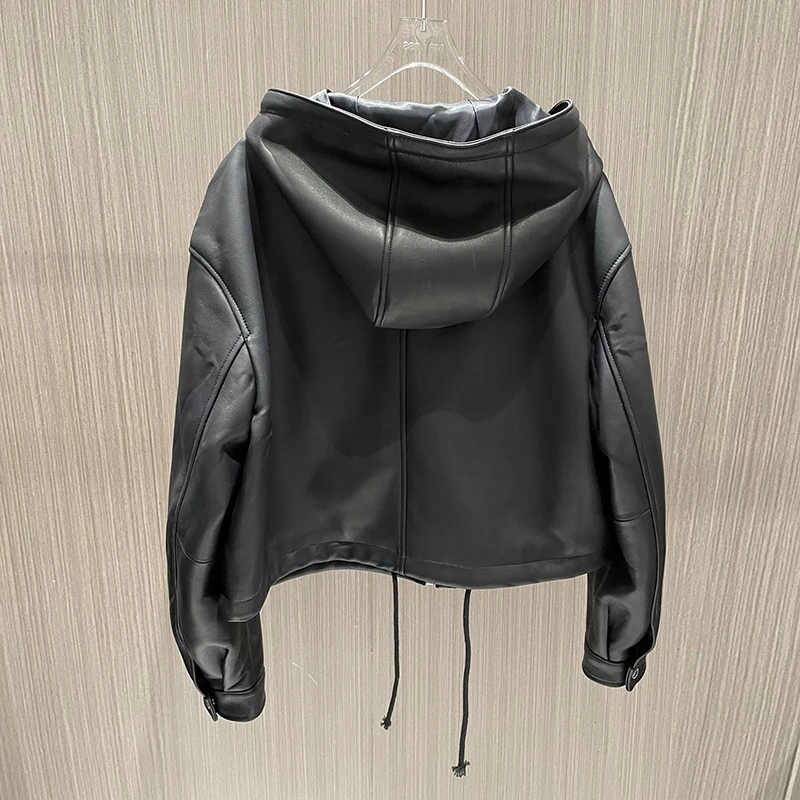 Women Zipper Drawstring Short Hooded Genuine Leather Coat Autumn Winter Vintage Motorcycle Jacket  Real Sheepskin Coat TF3779