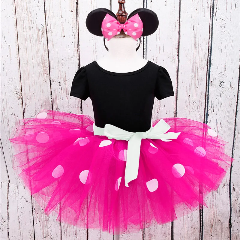 Baby Girls Ballet Tutu Dress Summer Kids Bow Dots Dress Headband Cartoon Mouse Cosplay Costume Children Birthday Party Clothes