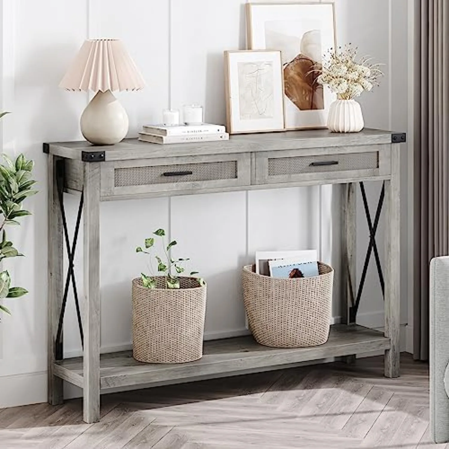Farmhouse Entryway Table, Grey Console Table with Rattan Drawers, 43