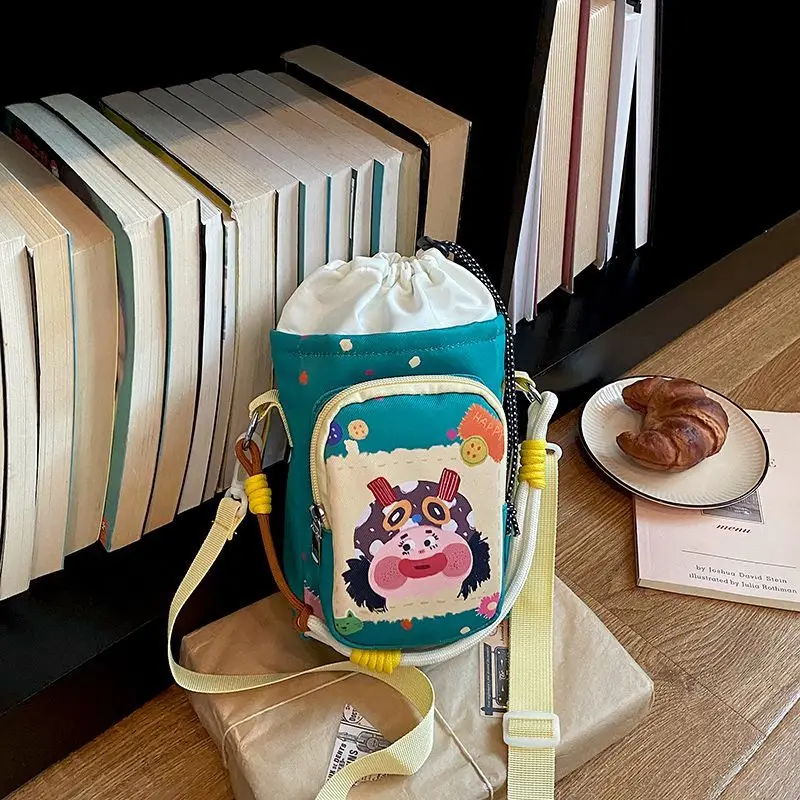 Pink Blue Green Yellow Mini Nylon Drawstring Crossbody Water Bottle Phone Pouch Lightweight Small Bucket Shoulder Bag for girls