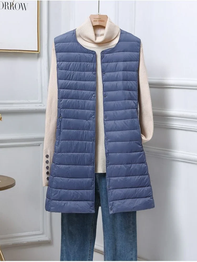 2025 Autumn and Winter New Round Neck V-Neck Women's Mid-length Down Vest All-match Fashion Slim-fit Mother's Mid-length Ware