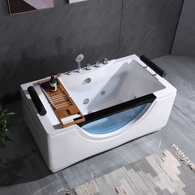 White Acrylic Modern Minimalist Tempered Glass Rectangular Spa Bathtub Massage whirlpool Bathtub Small Unit Bathroompromote sale