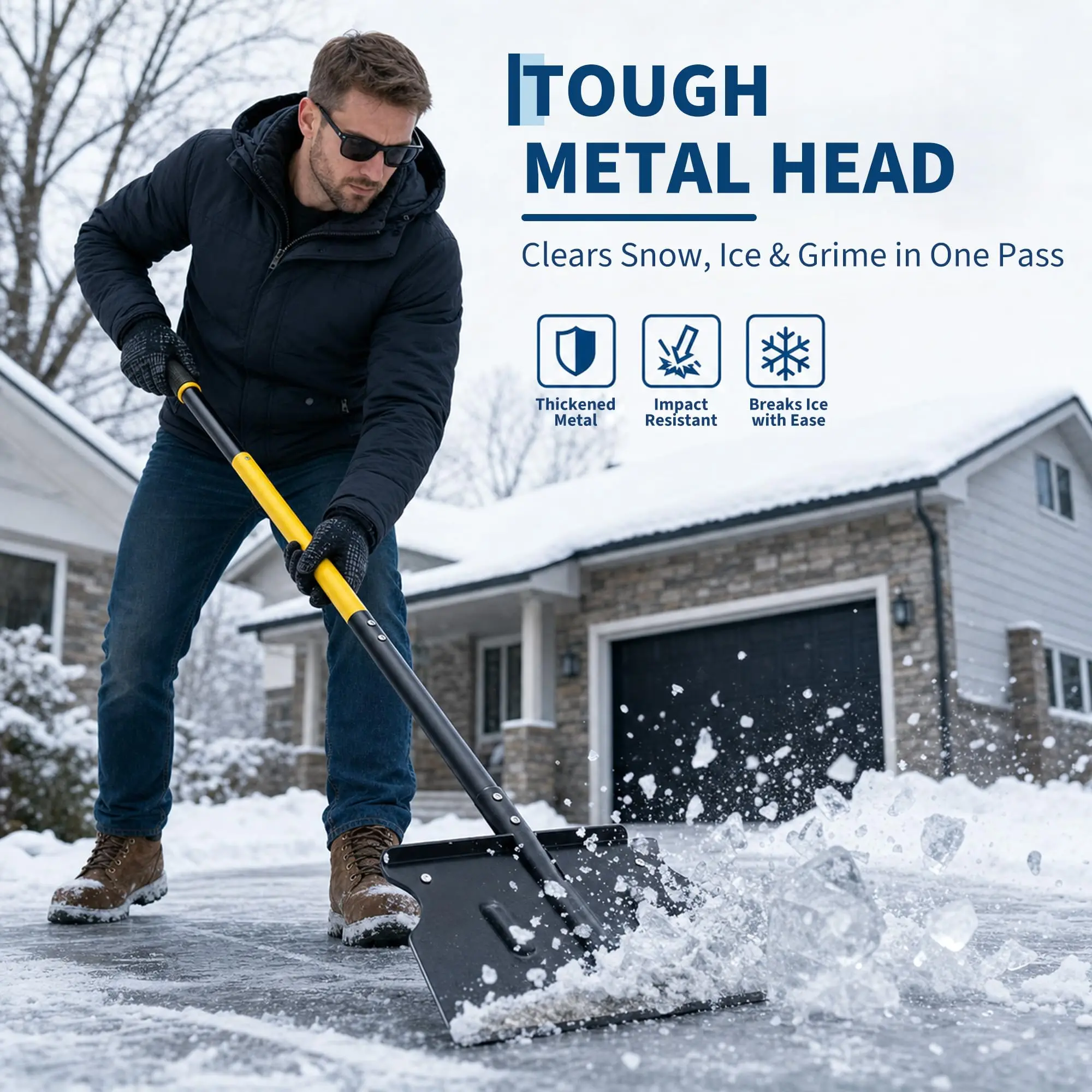 Heavy Duty 49 Inch Snow Shovel With Detachable Handle Flat Carbon And Stainless Steel Blade For Ice Snow And Weed Removal On Driveway Sidewalk Patio