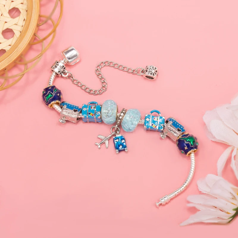 The Earth & Pleasure-boat & Luggage Beads With Airplane Pendent Chain DIY Brand Charm Bracelet Jewelry For Women Making Gift New