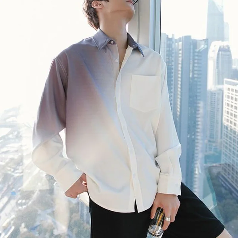 2024 New Spring and Summer Niche Design Temperament Loose Patchwork Gradient Casual Oversize Long Sleeved Shirt for Men