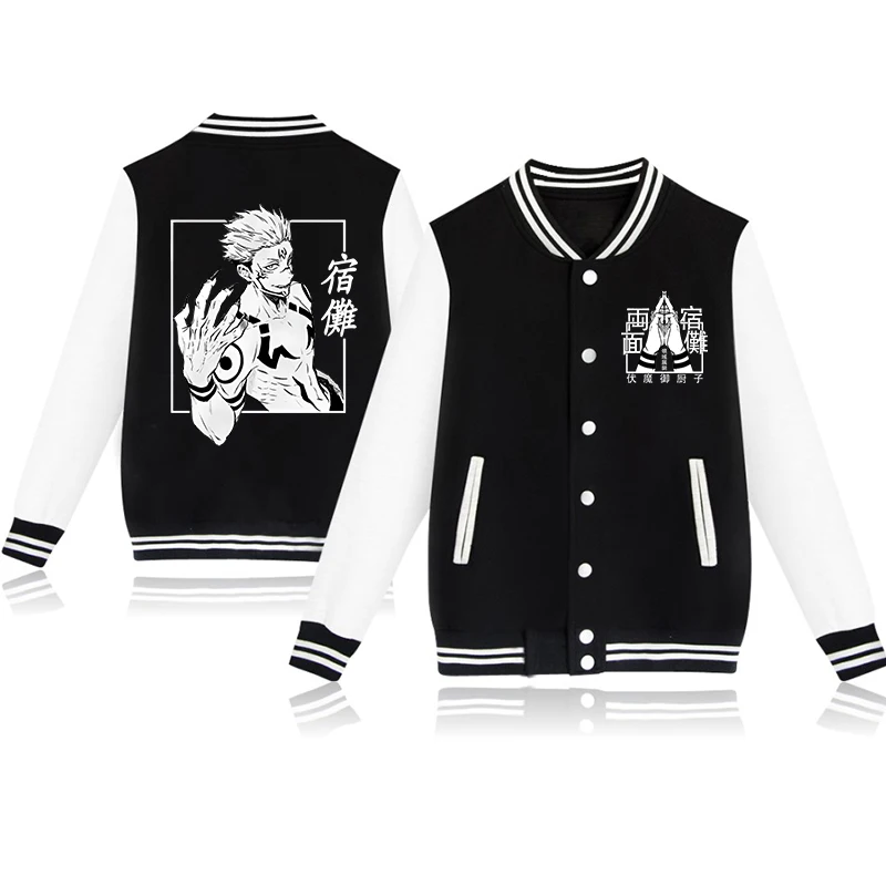 Hot Anime Ryomen Sukuna Pattern Printing Baseball Jersey Shirt Men's and Women's Long-sleeved Sweatshirt Jacket Tops