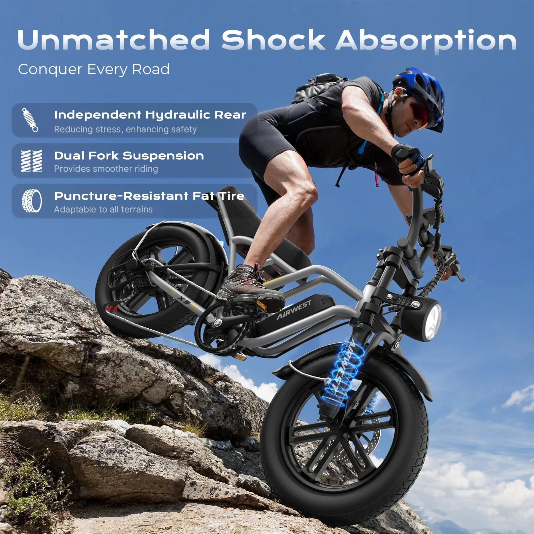 Airwest X5 Adult Electric Bike, 750W Peak Power, 48V 13Ah Battery, 20“*4 Fat Tire Ebike, 28MPH, UL 2849, 1 Year Warranty view 5