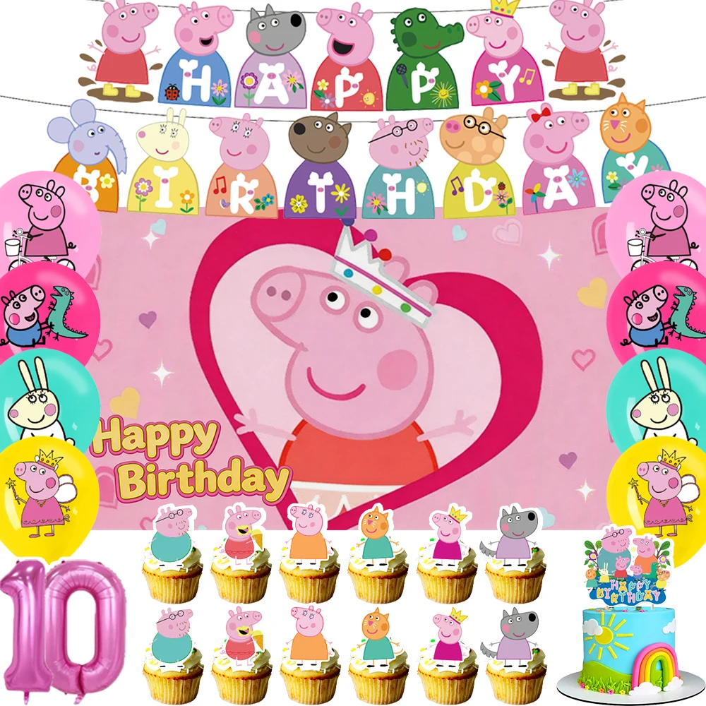 

Cartoon Peppa Pig Theme Children Birthday Party Decoration Cupcake Topper Banner Boys Girls Photography Background Supplies Gift