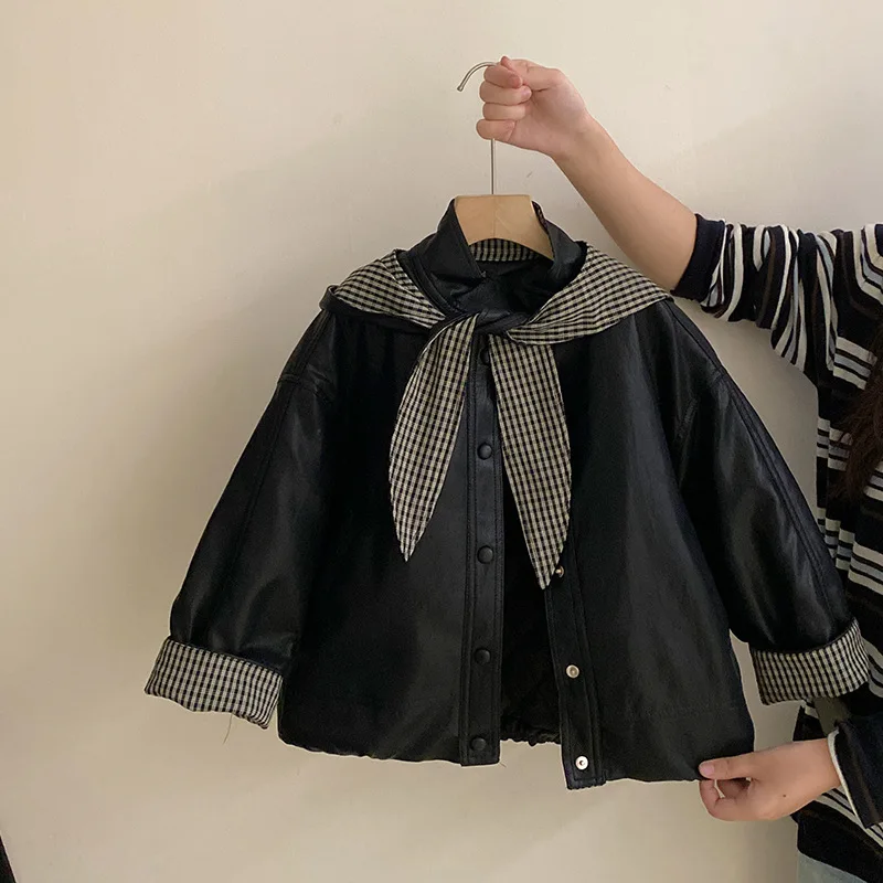 Girls' Autumn and Winter New Padded Plaid Leather Jacket 2025 Medium and Older Children's Children's Clothing