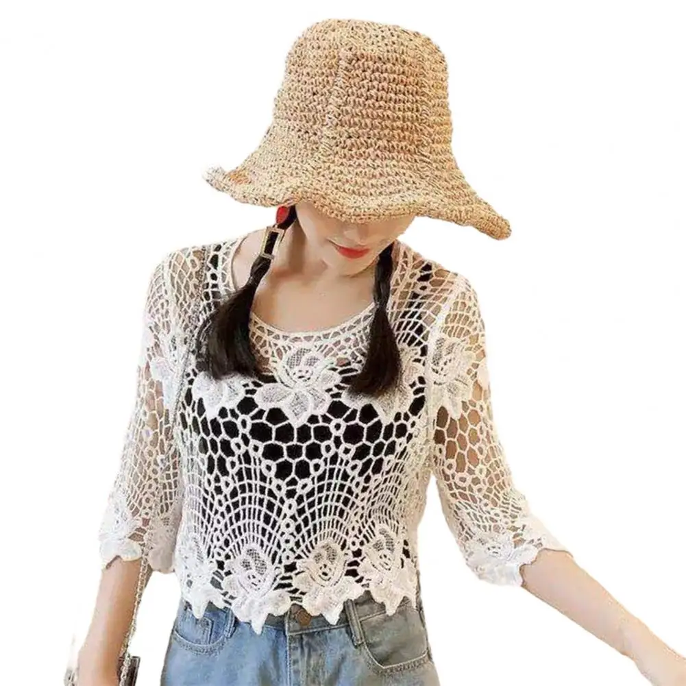 Lace Cover Up Blouse Floral Lace Cover Up Pullover Tops for Women with Hollow Out Embroidery O-neck Half Sleeve Loose Fit