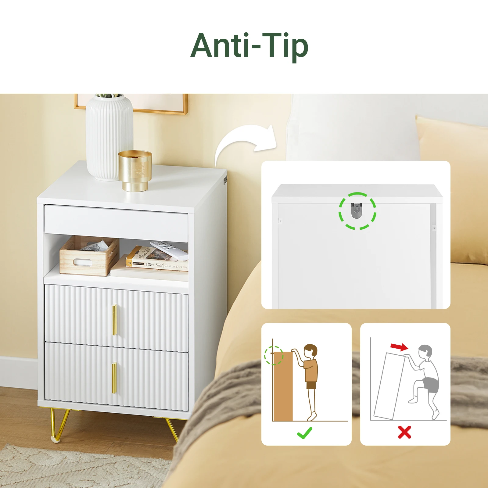 SoBuy FBT168-W Nachttisch, Nachtschrank mit 3 Schubladen und Ablagefach, Moderner Beistelltisch für Schlafzimmer und Wohnzimmer – Detail 8