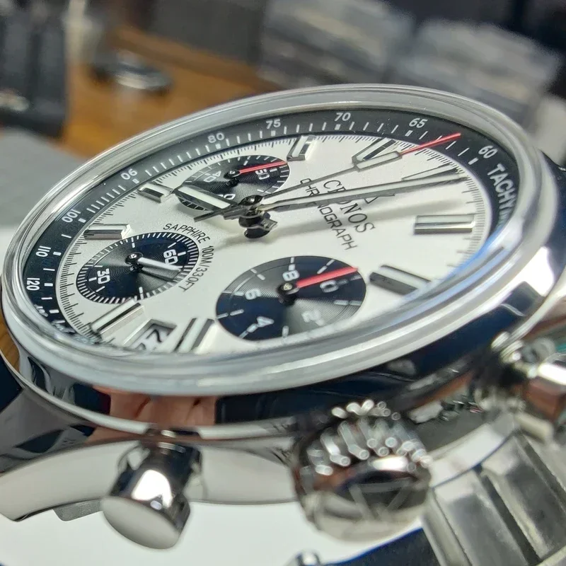 Cronógrafo de cuarzo para hombre, cronógrafo Miyota S620, negro y blanco, esfera de Panda, zafiro, 10ATM, impermeable, taquymetre, correa de cuero