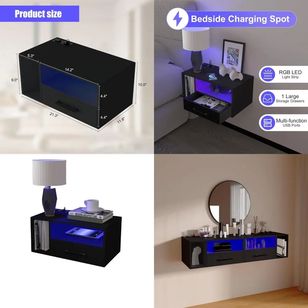 

Wall-Mounted LED Nightstand with Charging & Drawers, Black, 21.3 x 11.8 x 10 for Bedroom