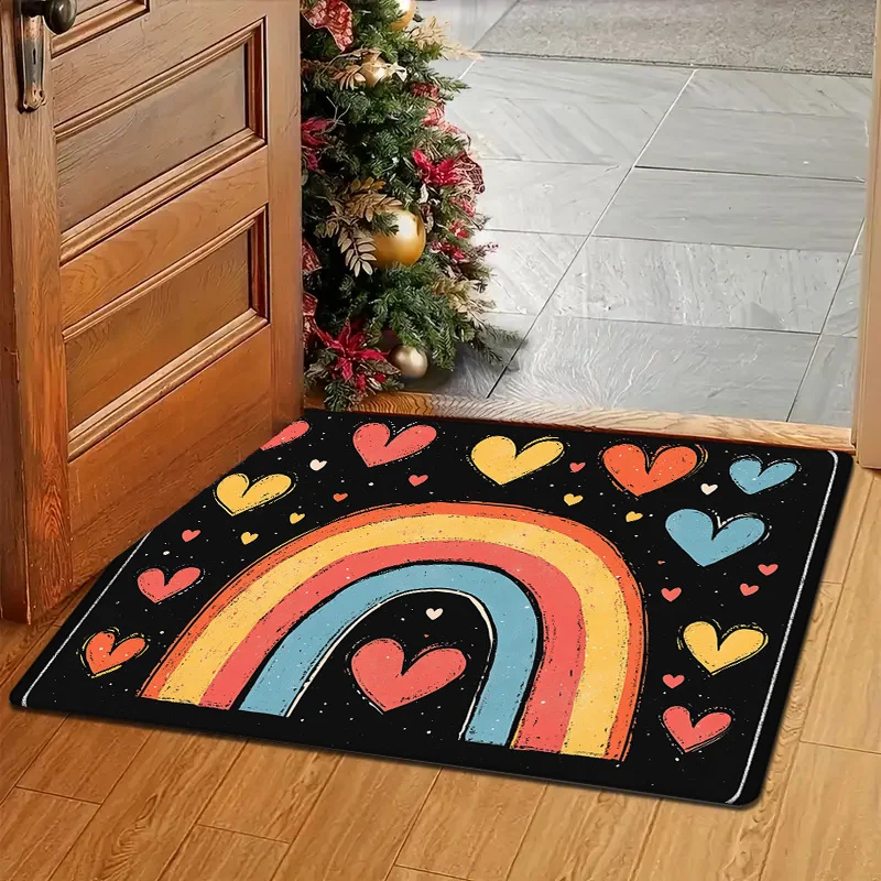 ممسحة سميكة من الفلانيل لعيد الحب - تصميم قوس قزح وقلوب، حصيرة منطقة ماصة غير قابلة للانزلاق للمدخل والمطبخ، #6