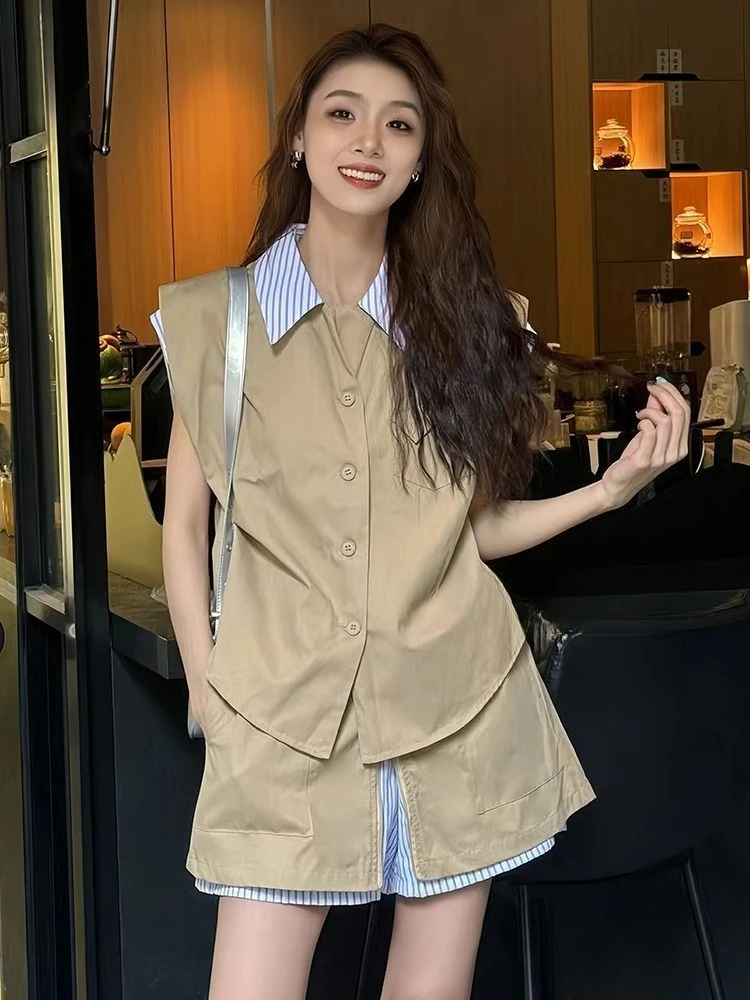 

Women's Summer Striped Layered Vest & Shirt with Culotte Shorts 2PCS Set Sleveelss Tank Top Casual Office Wear Fashion Outfit