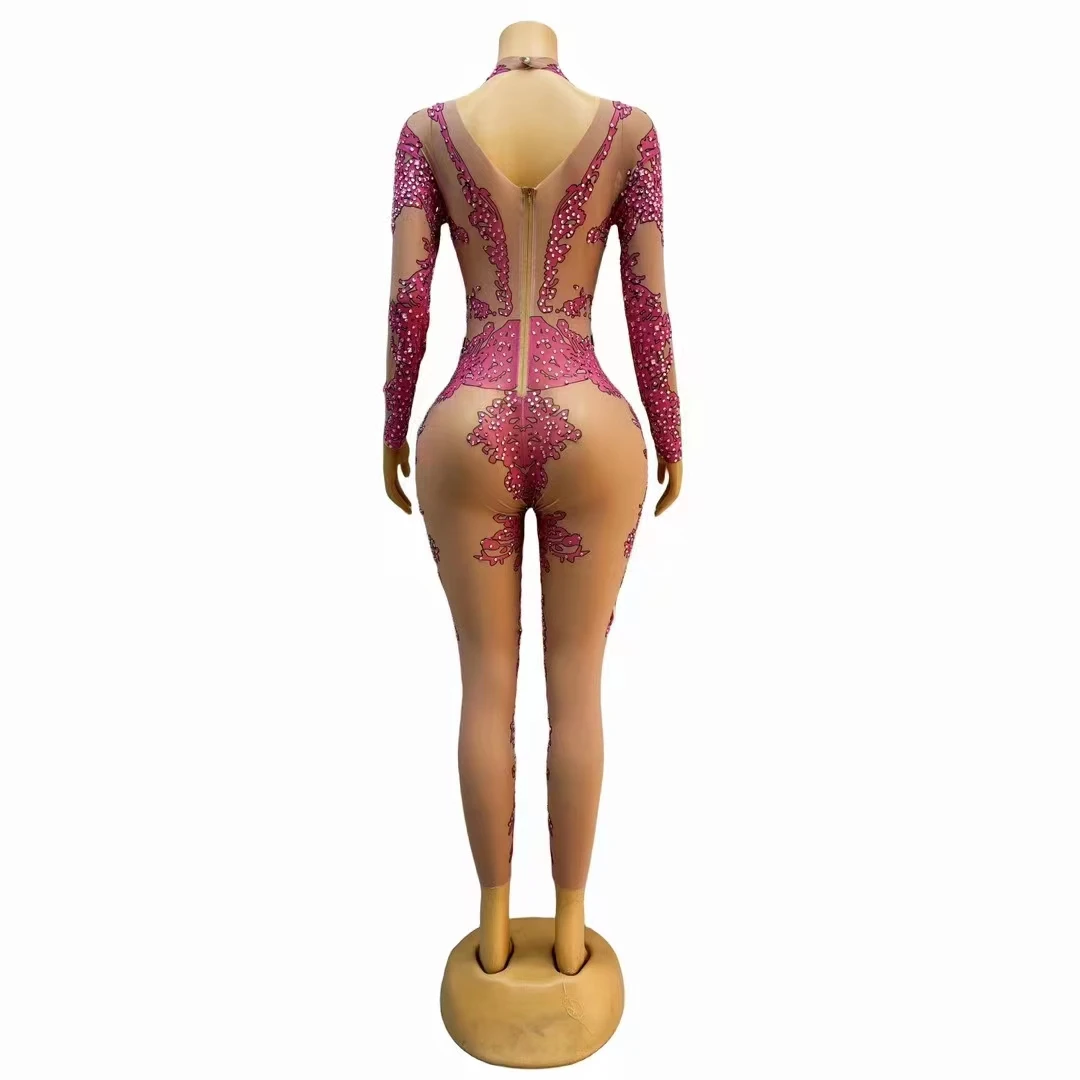 Combinaison imprimée strass rose, extensible, manches longues, maille, slim, justaucorps de Performance sur scène, collants en cristal, Costume de fête d'anniversaire