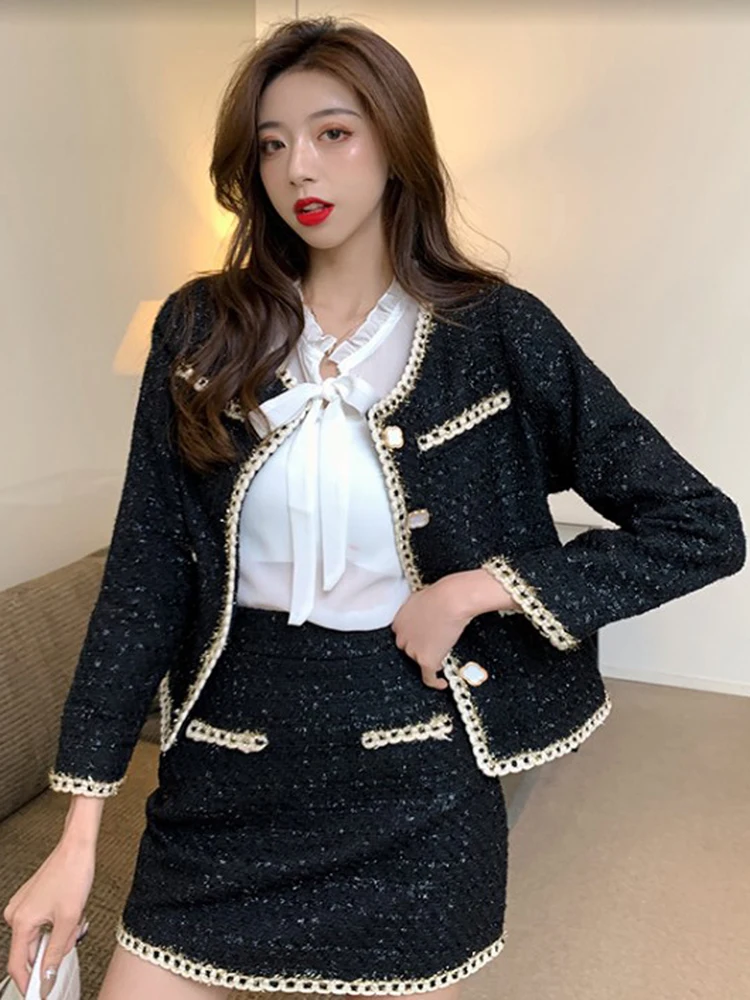 Fall Winter Black Tweed 2 Pieces Suits for Women Elegant Single-Breasted Long Sleeve Cardigan Jacket+High Waist Mini Skirt Sets