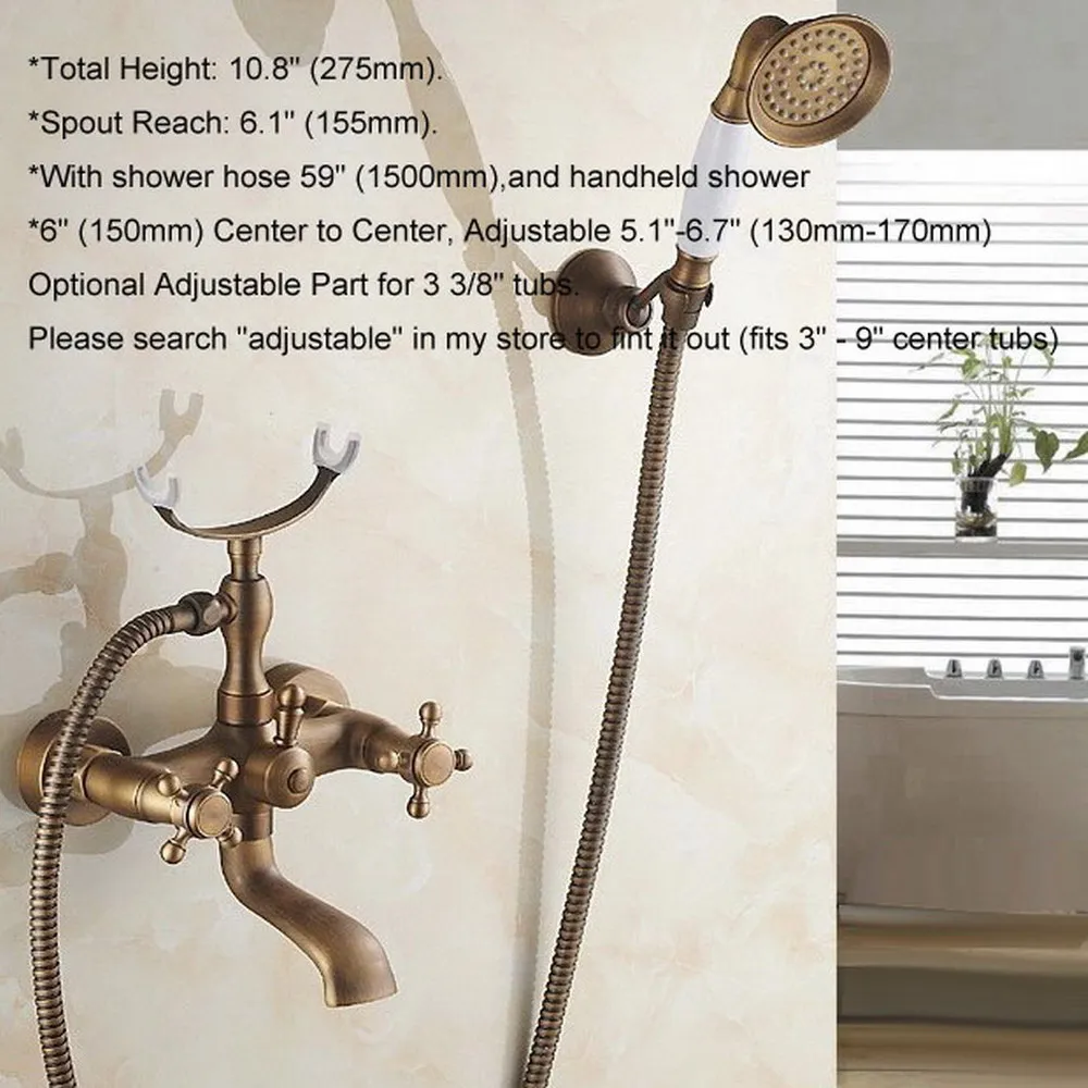 Vintage Antique Brass Wall Mount Bathroom Tub Faucet Set with 1.5M Handheld Shower Spray Head Bath Mixer Tap 2tf154