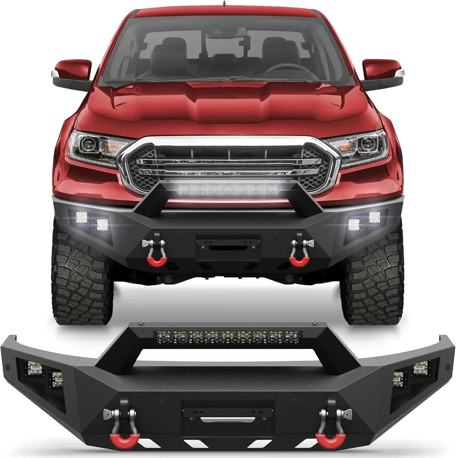 

For 2019-2023 Ford Ranger Pickup (Excluding Wildtrak) Front Bumper W/Winch Plate, LED Lights, D-rings And License Plate Bracket