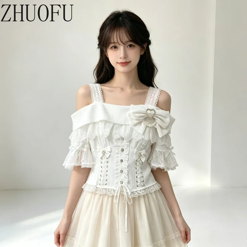 Sweet Lolita Off‑Shoulder Vest Women Ruffle Lace Bow Heart Rhinestone Corset Top Short Puff Sleeve Bandage Y2K Gothic Party Top
