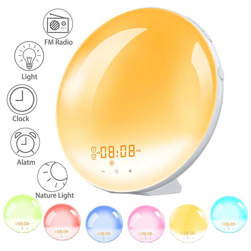 

Натуральный светильник для пробуждения, цифровой будильник, имитация восхода за солнцем, FM-радио, 7 цветов, ночник, повтором, динамик с белым шумом