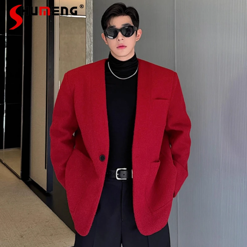 

2025 Men's Autumn Winter New Chic Suit Jackets High-end Trend Loose Comfort Blazers Long Sleeve Pocket Decoration Tailored Coats