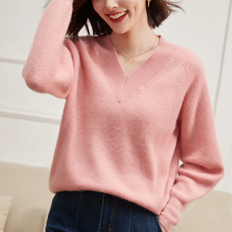 

New Women Sweater V-Neck Pullover Autumn Winter High Quality Soft 100% Cashmere Sweater Large size Casual Knitwear Women Shirts