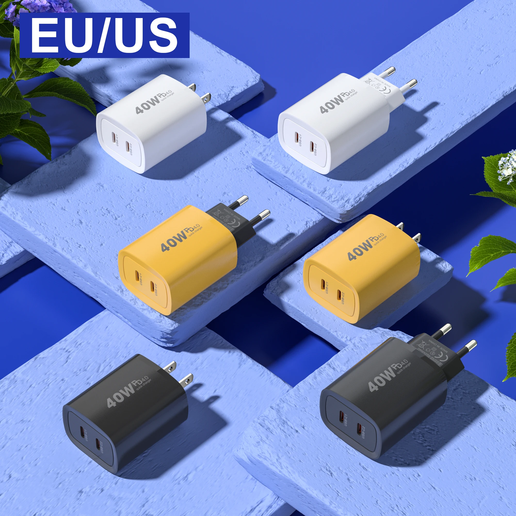 40W Dual PD USB‑C Fast Wall Charger QC3.0 Portable Travel Power Adapter Universal Phone Charger For iPhone Samsung Xiaomi Huawei