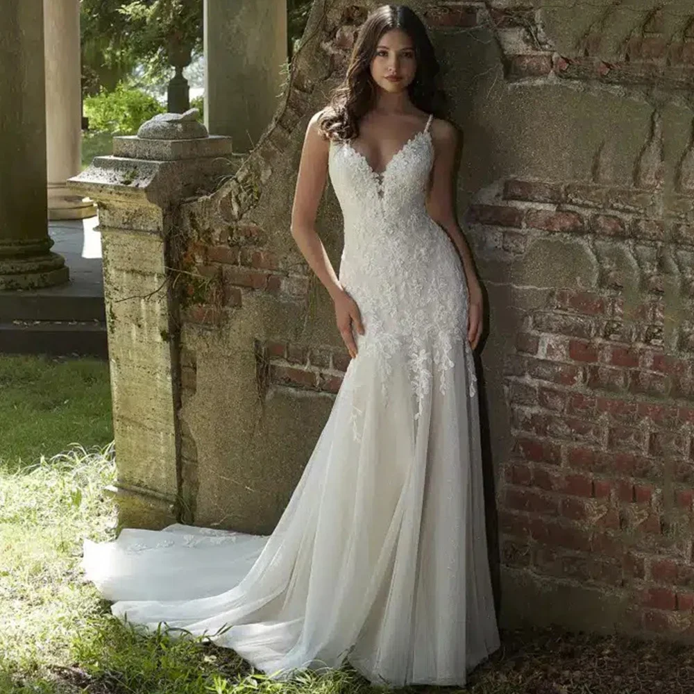 

Классическое свадебное платье-русалка на тонких бретелях с V-образным вырезом, из тюля с аппликациями, сексуальное, с открытой спиной, без рукавов, на заказ