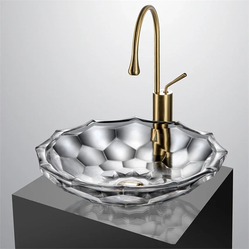 BW22-040 Light Luxury Wind Crystal Glass Transparent Wash Basin Die-cast Art Hotel Bathroom Glass Table Top Basin 460*460*120mm