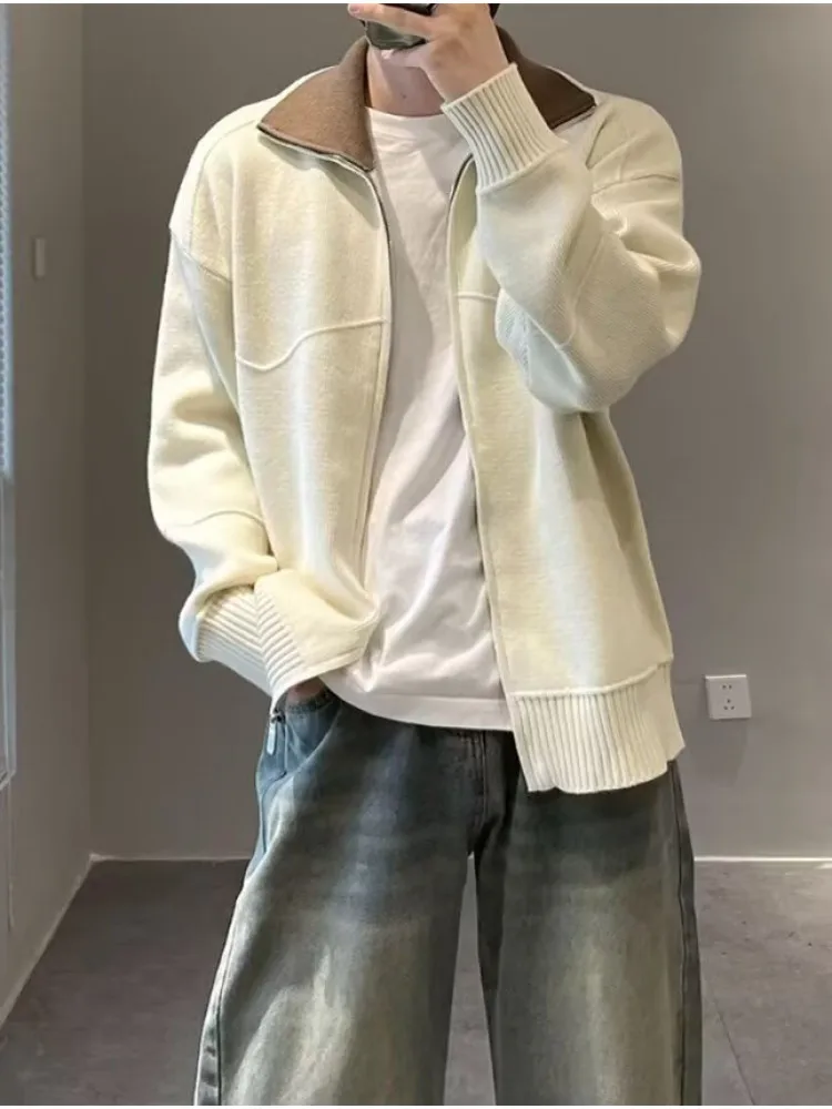 

Мужской кардиган-свитер American Sle Color Blo с двойным воротником-стойкой, нейтральный, осенне-зимний, модный, вязаный...