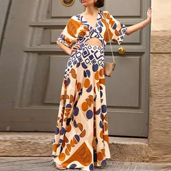 Fashion Women Pattern Printed Bohemian Long Dress Sexy V-neck Pleated Dress Ladies Elegant Short Sleeve Waist Hollow Party Dress