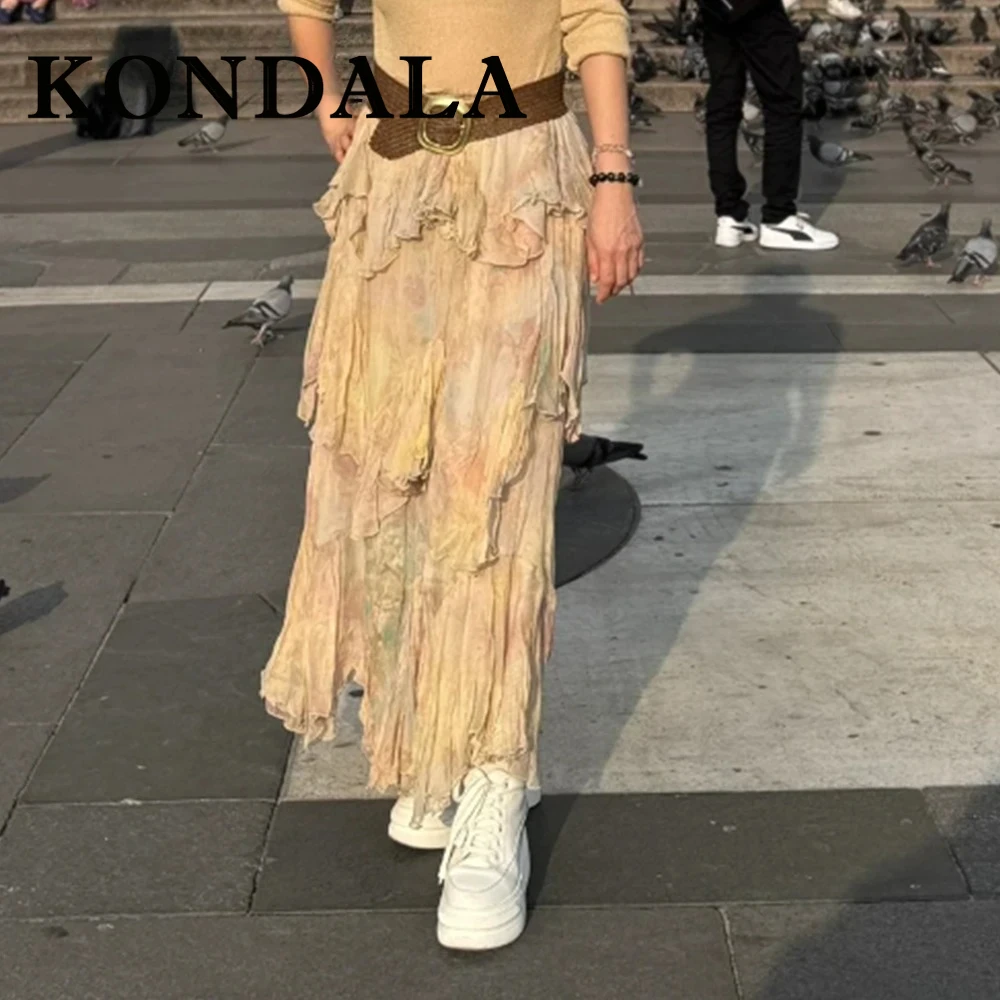 

KONDALA Chic Pleated Tassel Holiday Elegant Woman Midi Skirts Fashion 2025 Summer Y2K Pleated Party Print Streetwear Mujer Skirt