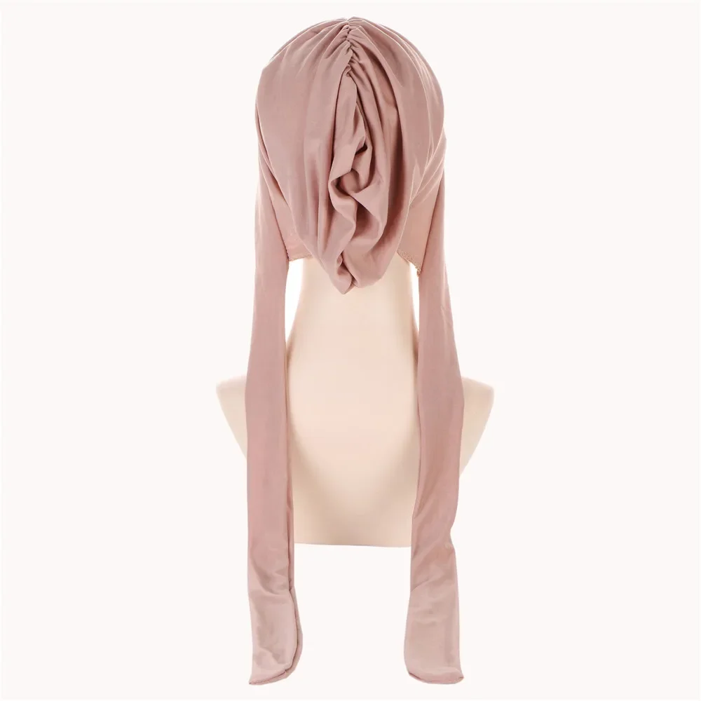 ムスリム女性用ウィンクルロングヘッドスカーフショールイスラムボンネットターバンインドキャップソリッドカラーヒジャブビーニー脱毛ボヘミアンラップファッション