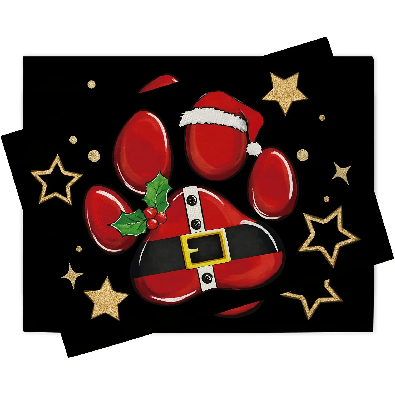 Funny Santa Claus Paw Print With Golden Stars On Black Background Linen Placemat Pet Lover Dining Table Accessories