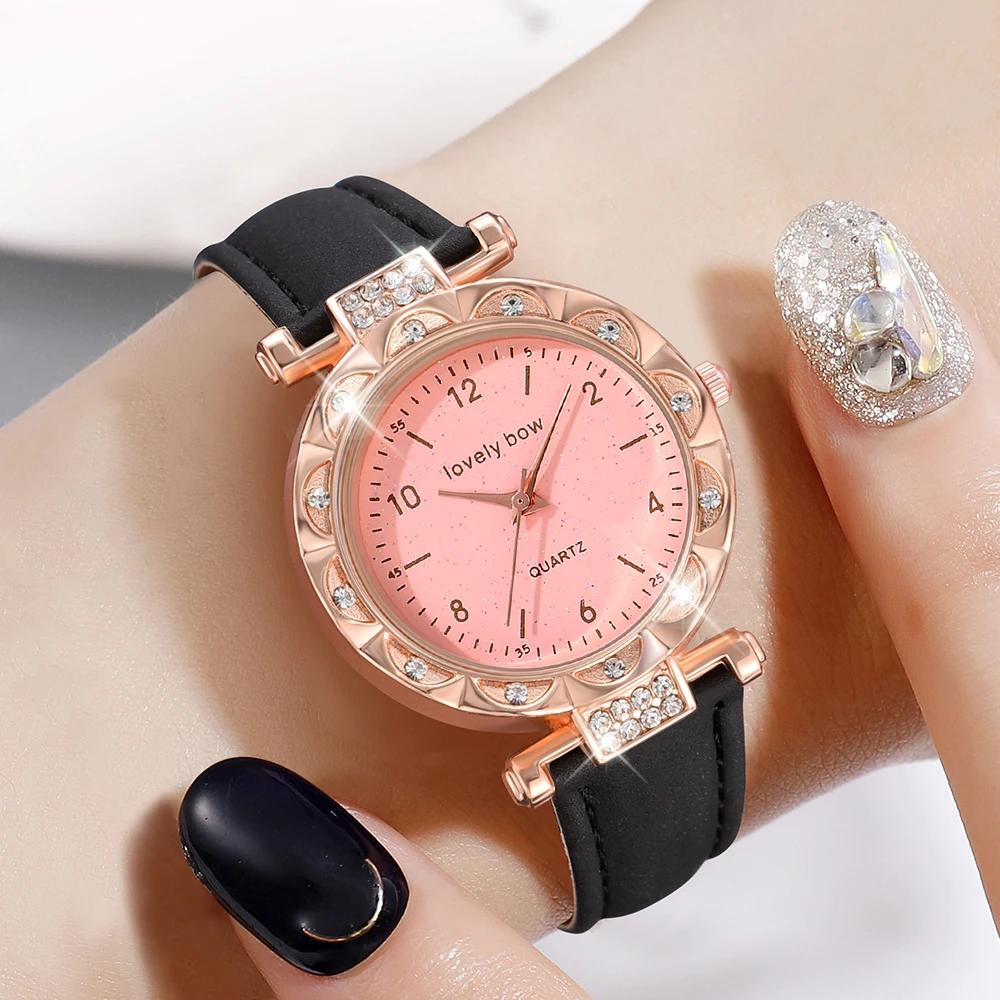 1PCS LovelyBow Simple Luxury Leather Black Strap Watch Casual Fashion Quartz Watch Is The Perfect Gift For Her (No Box)