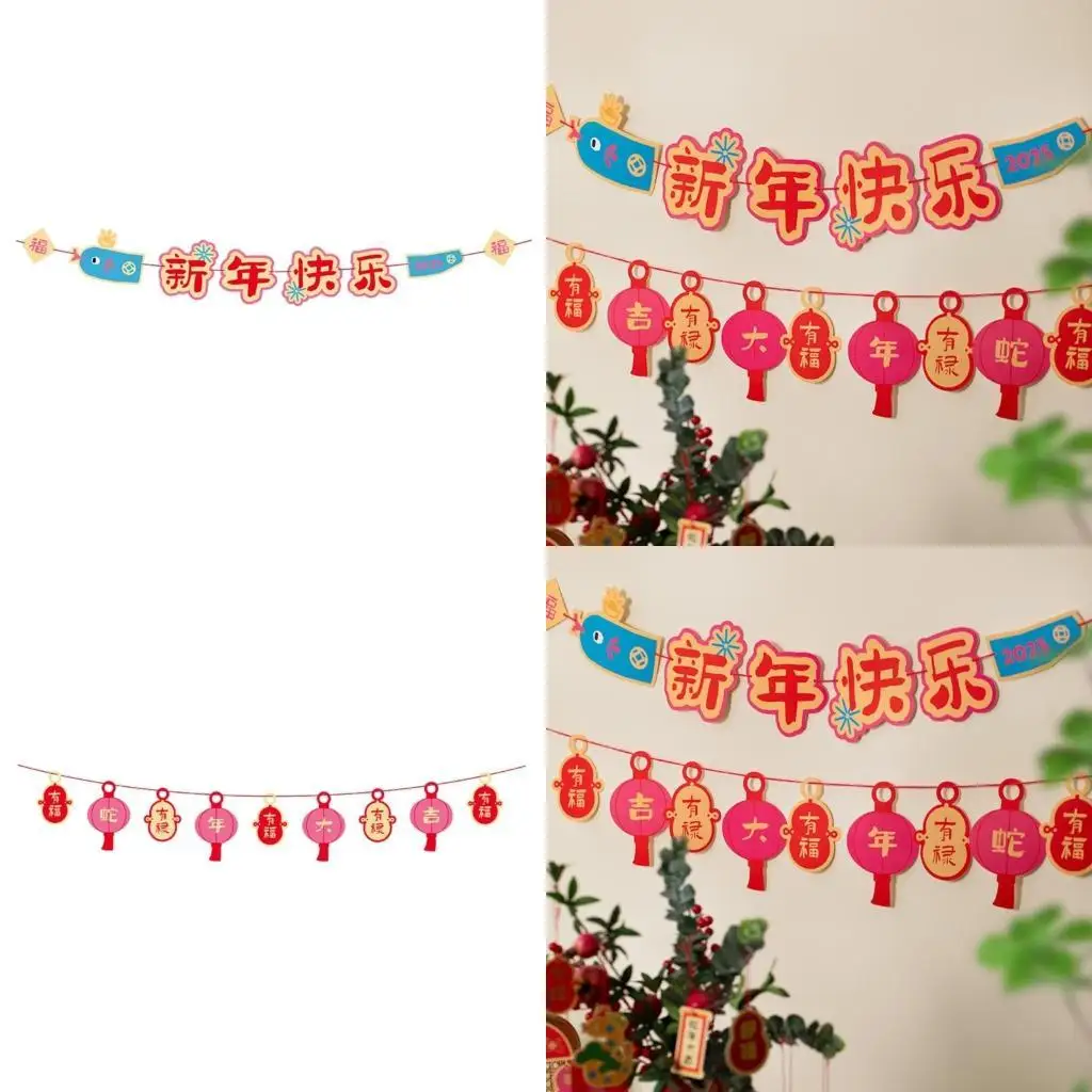 

E8BD Cartoon Characters Garlands Snake Year Pull Flag Hanging Ornament for Wall Door Spring Festival Home Decoration