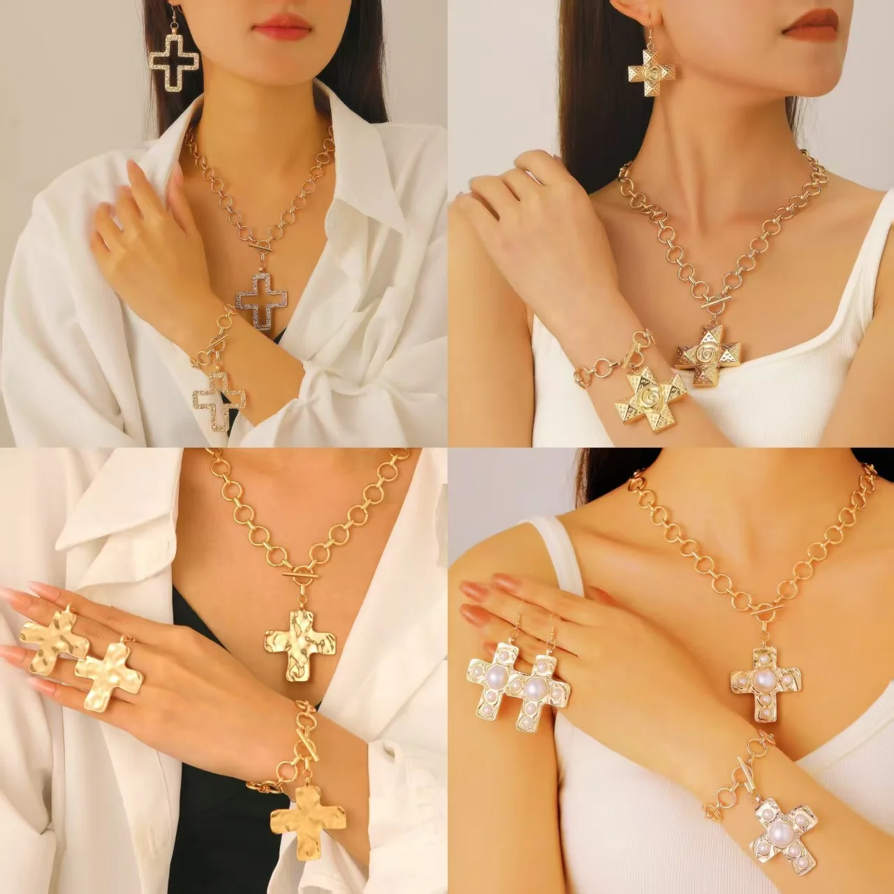 Alloy Cross Pendant Clavicle Chain for Women Electroplated Geometric Design Smooth or Vortex Texture Hollow Pearl Turquoise Cont