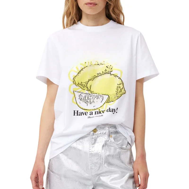 

Spot Denmark 2024 Spring/summer New Lemon Logo Casual Printed Round Neck Loose Cotton Short Sleeve Top T-shirt