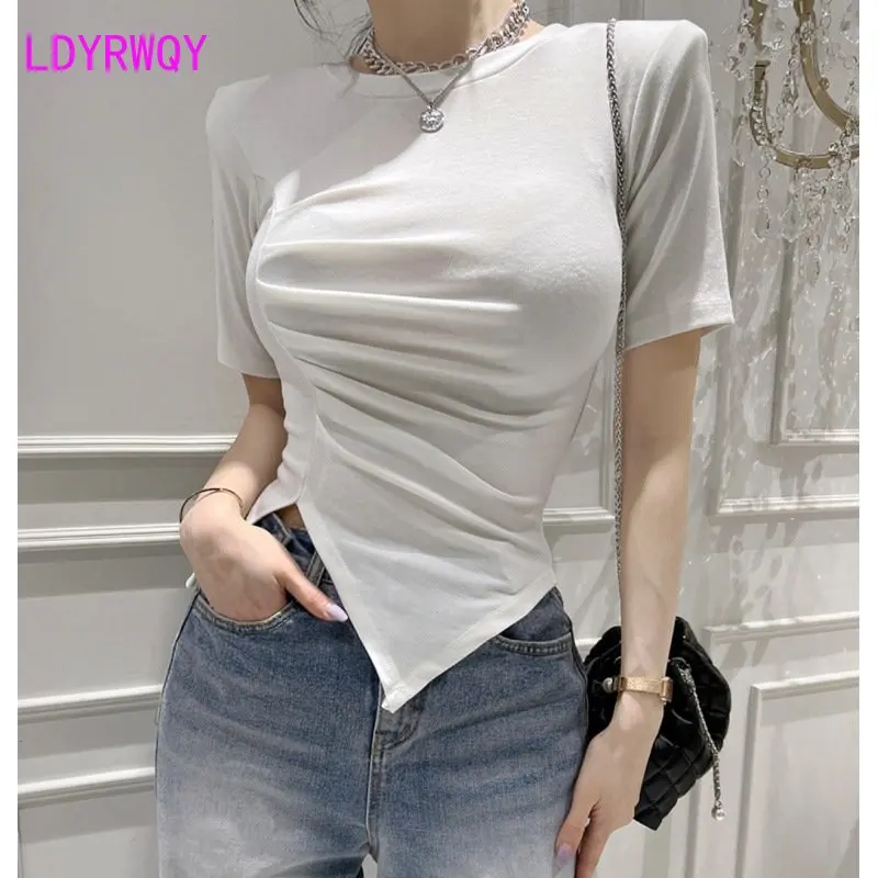 Pink Round Neck Short Sleeve T-shirt Women's Summer 2023 New Fold Waist Split Irregular Top