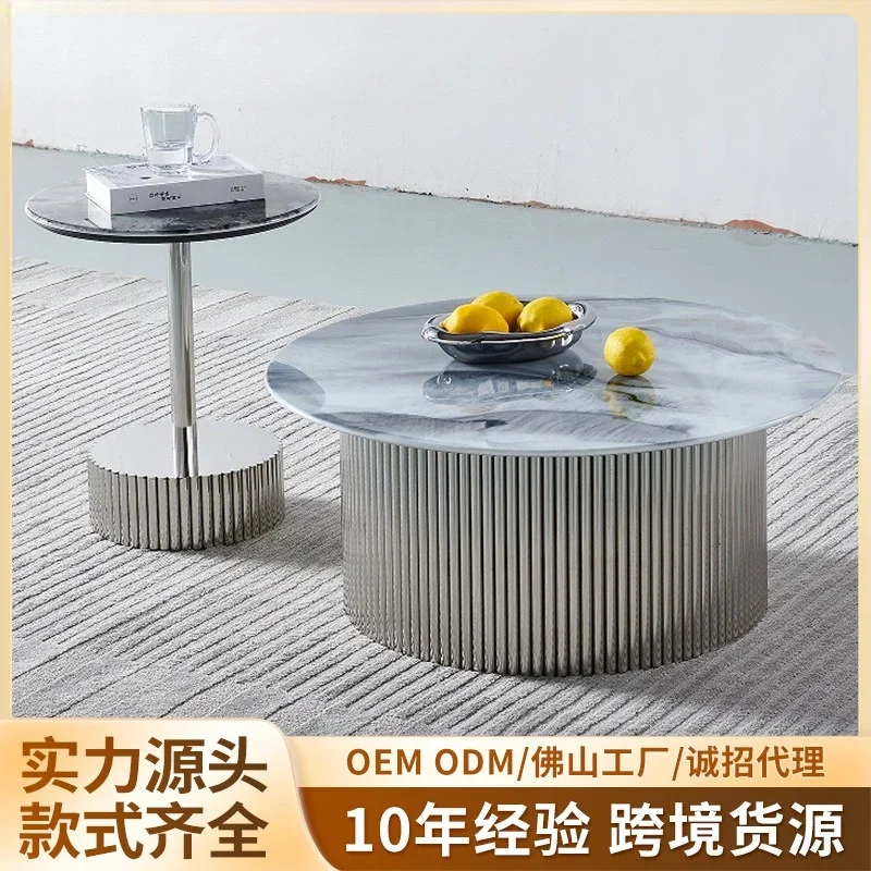 Italian minimalist size round water corrugated stainless steel coffee table silver small corner table