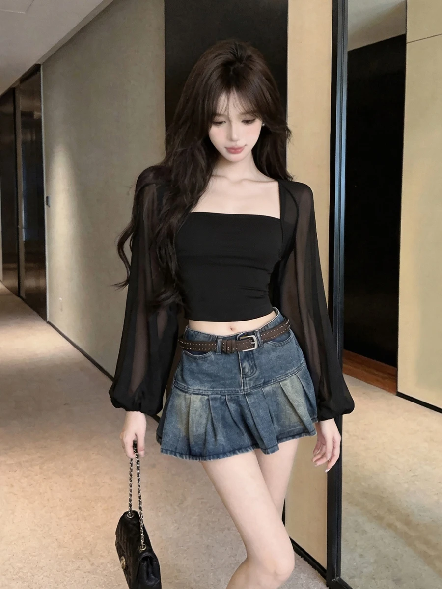 Fashionable Mesh Batwing Sleeve Top Pure Desire Spicy Short Crop Top Belly Baring Long Sleeve Slim Fit Waist Cinching T-Shirt