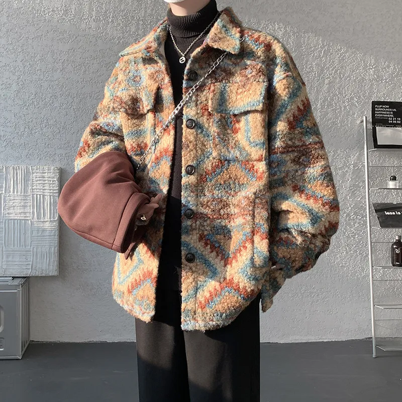 

American Sle Heavyweight Faux Lamb Velvet Fair Isle Cotton Jaet Men Winter Thiened Hooded Retro Outerwear Coat