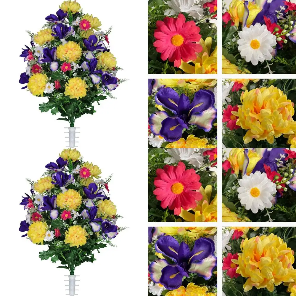 

Весенне-летний букет: 36 цветков ирисов, желтых хризантем и маргариток для Дня матери и поминовения на кладбище