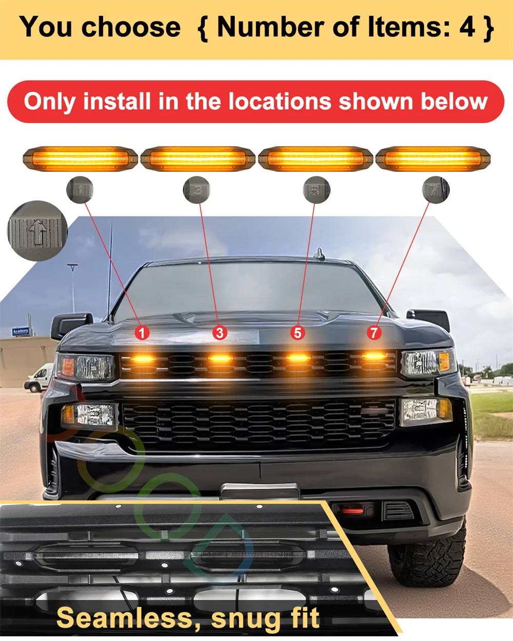 Amber Led Grills Grille Lights For Chevrolet Chevy Silverado 1500 WT Custom Trail Boss 2019-2022 Abs Grill Light Accessories