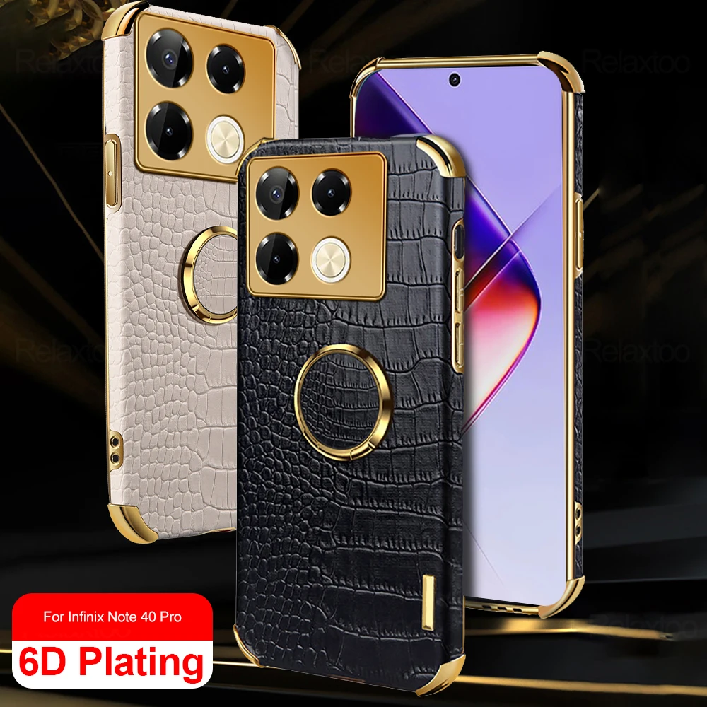 6D Plating Leather Cover For Infinix Note 40 Pro 4G 5G Case Magnet Holder Ring Shockproof Coque In finix Note40 Not 40 Pro+ 2024