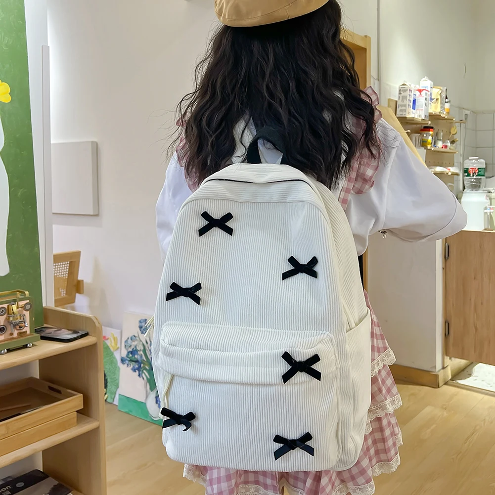 Y2K Girls Cute Bowknot Laptop Backpack Fashion Casual Corduroy Bow Student Backpack Large Capacity Travel Backpack Shoulder Bag