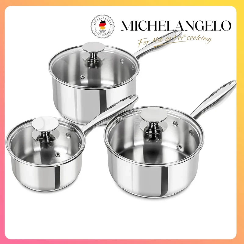 

MICHELANGELO 6pcs Stainless Steel Saucepan Set with Lids 1QT & 2QT & 3QT Nonstick Sauce Pot Induction Saucepans Dishwasher Safe