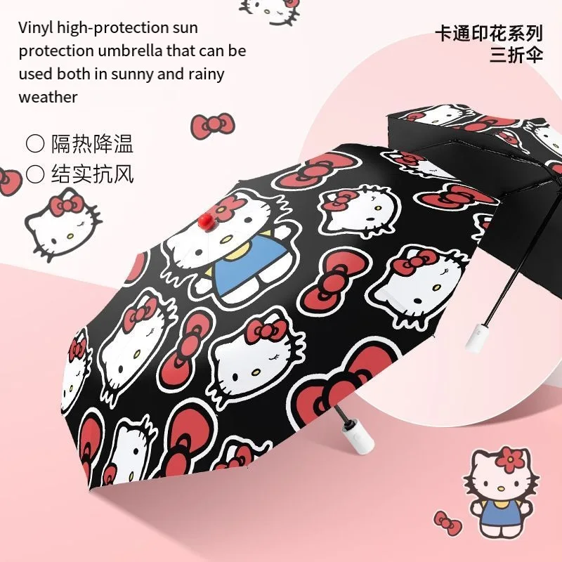 

Sanrio Hello Kitty Kawaii автоматический трехскладной зонт для девочек, новый мультяшный усиленный виниловый зонт от дождя двойного назначения