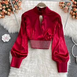 Autumn New Korean Style Stand Collar Chest Hollow Hot Diamond Puff Sleeve Shirt Women's Fashionable Short Long-sleeved Top